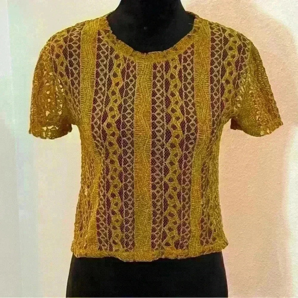 ZARA Trafaluc Mustard Lace Tee - Picture 1 of 6